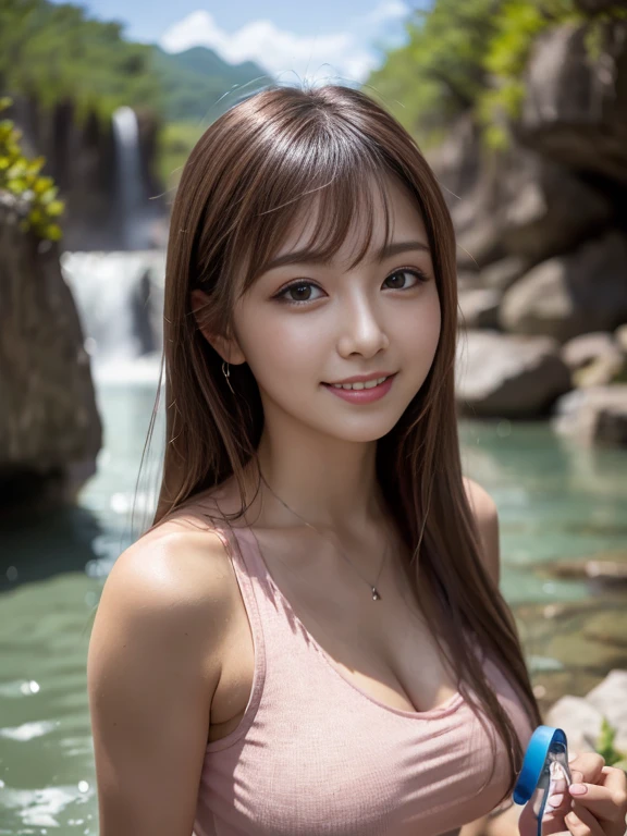 (8k, Highest quality, masterpiece:1.2), (Realistic, Realistic:1.37), Super detailed, 1 person, Korean, cute,alone,Beautiful and detailed sky,date,(blush),(smile:1.15),(Mouth closed)、Large Breasts、Beautiful and beautiful eyes,(Long Hair: 1.2),Floating Hair NovaFrogStyle, Upper Body, Tank top、Waterfall valley background、