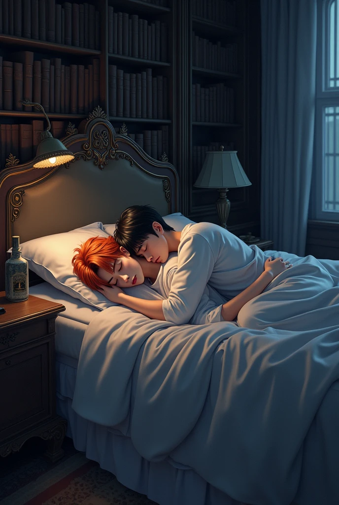 two men sleeping in bed. Yeonjun has bright orange hair and Christopher has inky black hair. The room is old, royal, it is dark and there are many books on the shelves. side and profile view.