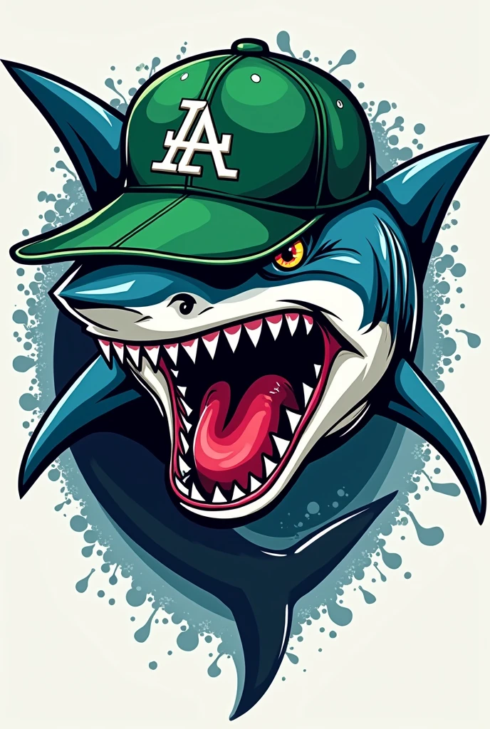 Create a logo of an angry shark with a green New Era cap