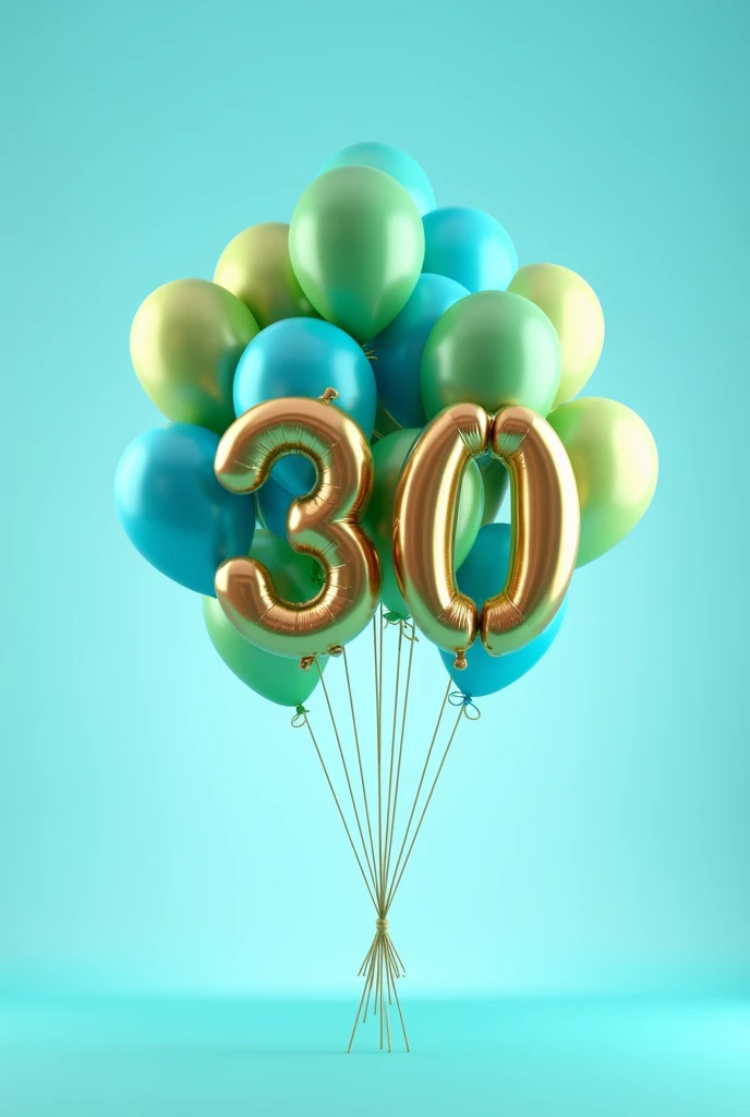 Various green and blue metallic balloons, comor blue gradient background, tied with number 30 with elegant typography