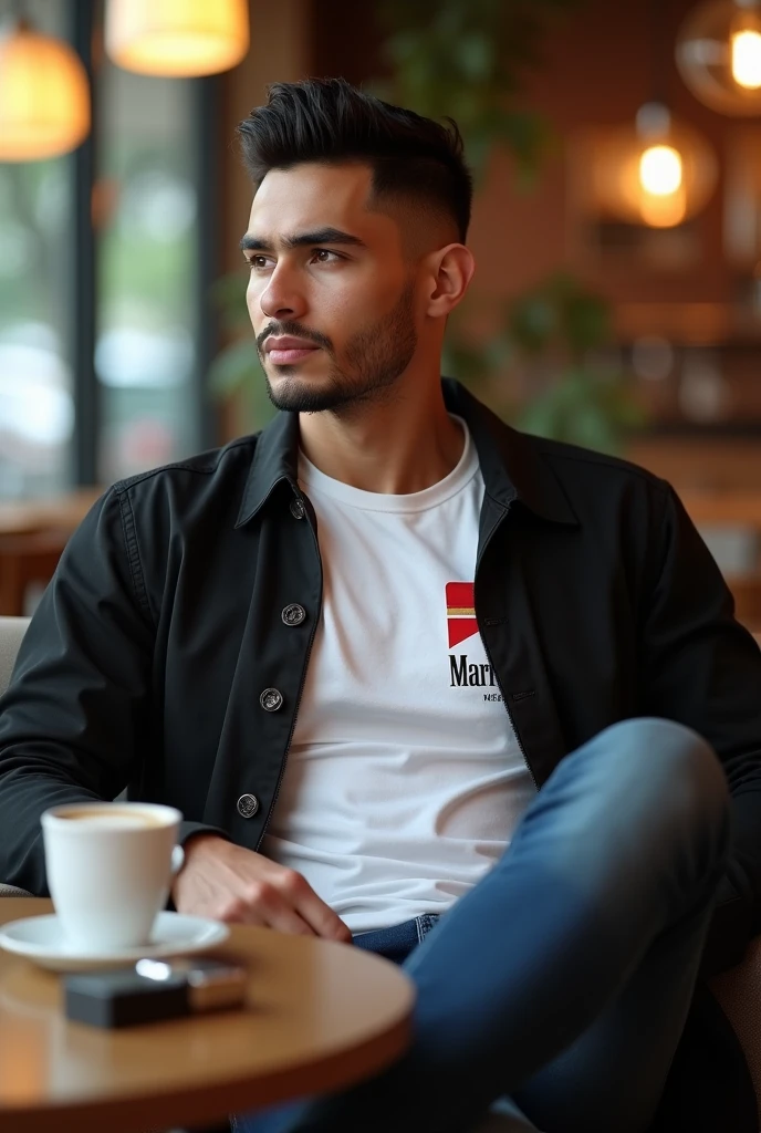 A handsome Indonesian man with a clean face, very short black hair with a slightly body athletic look on the sides, wearing a white t-shirt with a premium logo, with an open black jacket,Neat jeans, stylish sports shoes, sitting relaxed in a cafe, with a cup of coffee and Marlboro cigarettes and a luxury lighter, realistic hd