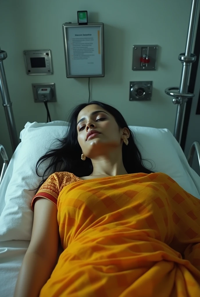 A beautiful girl in safron check saree dead body laying down in a morgue bed 4k realistic