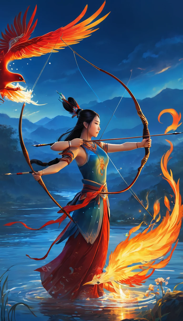 Painting of a water woman and a burning firebird、Hunters hold their bows and arrows、　Archer、A glowing phoenix in the distance、depth、Spectacular Background、Fantasy、