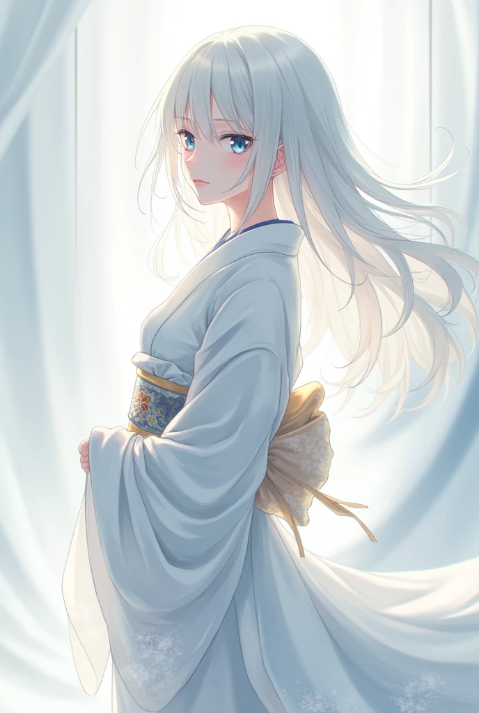 In anime style、weak々I&#39;m wearing a kimono。my hair is white、Blue eyes、1 person