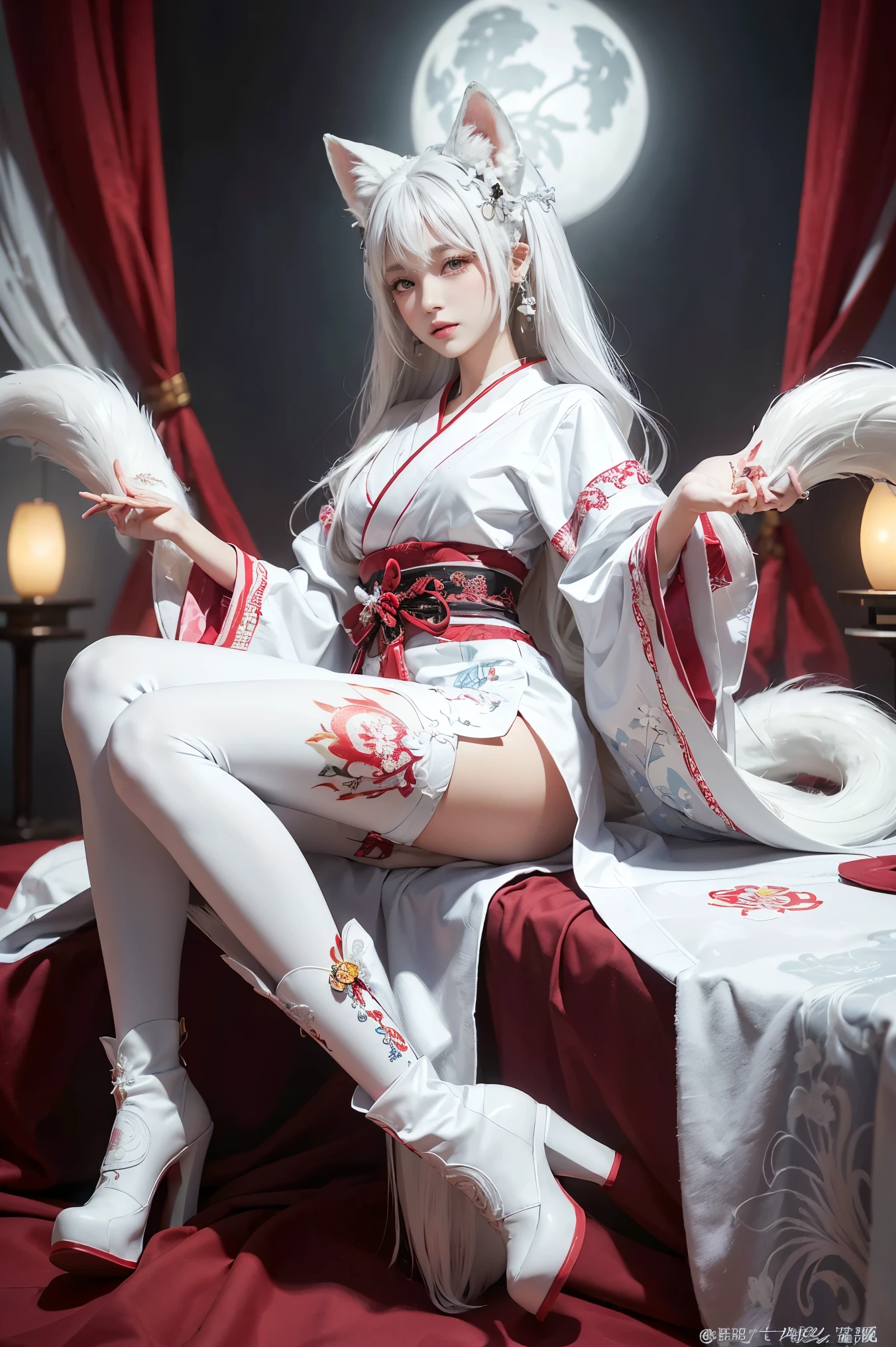 kiyohime, white stocking, white tight high, kimono, long hair, white hair, ((yellow eyes)), fate grand order, white skin, cosplayer, 4k, HD, portrait, horns, dragon horns, black horns, 