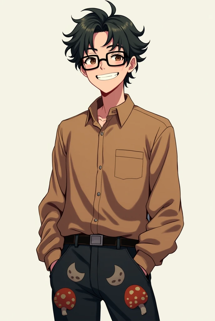 Smiling man with light skin, black square glasses, mushroom-style hair, brown shirt, black anime-style pants