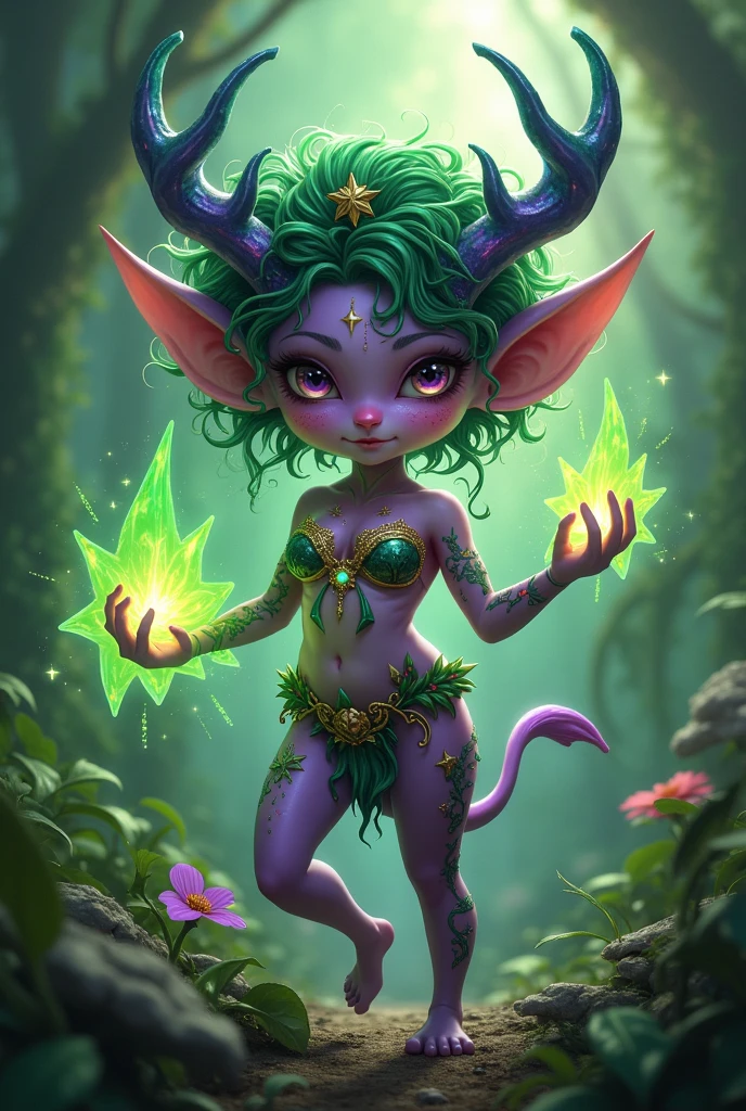 Prismatic coloration. Jungle like environment. A short young Gremlin like Plant woman with a Deep purple skin tone lit up with heavy miniscule starlike freckles & a set of B-cup breast bearing curvaceous hips, Slender Legs, & a round but small ass. She has short leaf green curly hair stopping at the top of her neck with various flowers growing within. She is wearing a revealing Bikini like armor exposing much of her chest area with Golden celestial designs & an otherworldly Tiara on her head. She has a serious face & a stern gaze in her sharp Starlike Golden Glowing eyes with black sclera & a heavy freckled form. She has long transparent Crystal like Blue antlers radiating Floral energy & a set of elegant Elven ears. She has long Ruby red vine like tattoos running all around her body accompanied by violet Star-like Tattoos running along them. She has a small cute nose. She has large Crystal Golden Fairy-like wings with a starlike pattern & a long dragon-like arrow-tipped tail .She is seen in a battle stance summoning verdant green Starlight magic from her fingertips