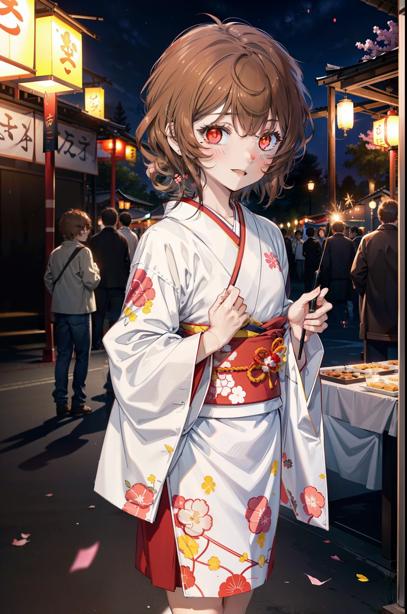Lililukarde,  (Brown eyes:1.7), Brown Hair, (Flat Chest:1.2), short hair,smile,blush,Open your mouth,Sparkler,Holding, squat, night,Red Kimono,mini skirt,He is holding cotton candy in his right hand and a clear bag full of cotton candy in his left hand.,Japanese Festivals,Summer festival food stalls,Red lantern,whole bodyがイラストに入るように,
break looking at viewer,whole body, (Cowboy Shot:1. 5),
break outdoors, Veranda,
break (masterpiece:1.2), Highest quality, High resolution, unity 8k wallpaper, (figure:0.8), (Beautiful attention to detail:1.6), Highly detailed face, Perfect lighting, Highly detailed CG, (Perfect hands, Perfect Anatomy),