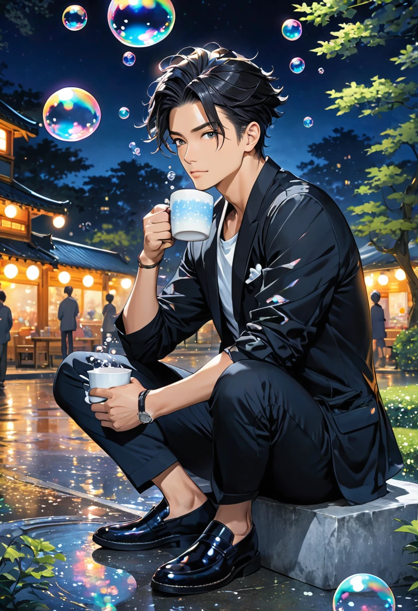 One man sitting cross-legged、The hairstyle is slick、Under a lot of soap bubbles、Hold a mug in one hand、Background is a park at night