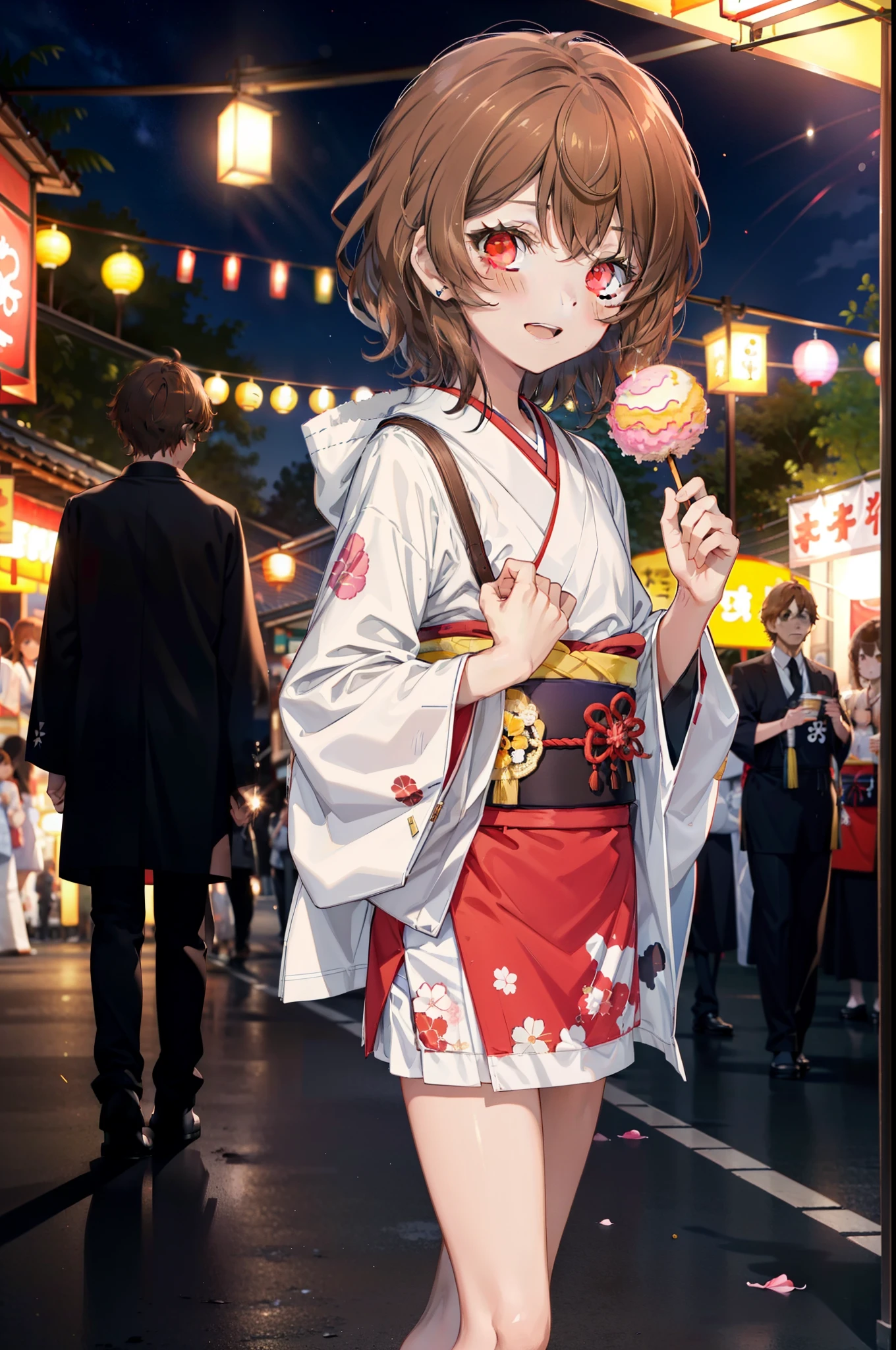 Lililukarde,  (Brown eyes:1.7), Brown Hair, (Flat Chest:1.2), short hair,smile,blush,Open your mouth,Sparkler,Holding, squat, night,Red Kimono,mini skirt,He is holding cotton candy in his right hand and a clear bag full of cotton candy in his left hand.,Japanese Festivals,Summer festival food stalls,Red lantern,whole bodyがイラストに入るように,
break looking at viewer,whole body, (Cowboy Shot:1. 5),
break outdoors, Veranda,
break (masterpiece:1.2), Highest quality, High resolution, unity 8k wallpaper, (figure:0.8), (Beautiful attention to detail:1.6), Highly detailed face, Perfect lighting, Highly detailed CG, (Perfect hands, Perfect Anatomy),