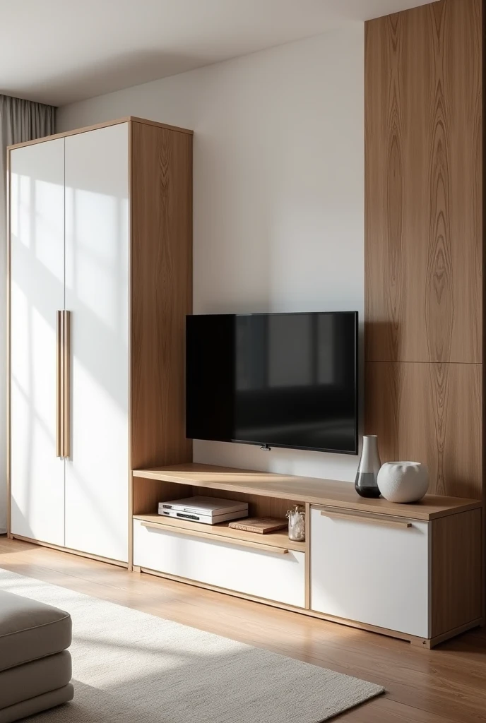 Create furniture for living room which includes wardrobe and cupboard. The colours are white and wood colour that looks like wood. The TV is already there on the mantlepiece in the center of the wall. So on the both sides design furniture