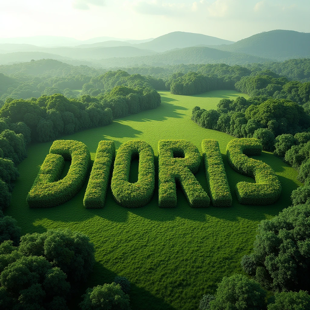 In the distance a large vegetation forms these letters DIORIS aerial view