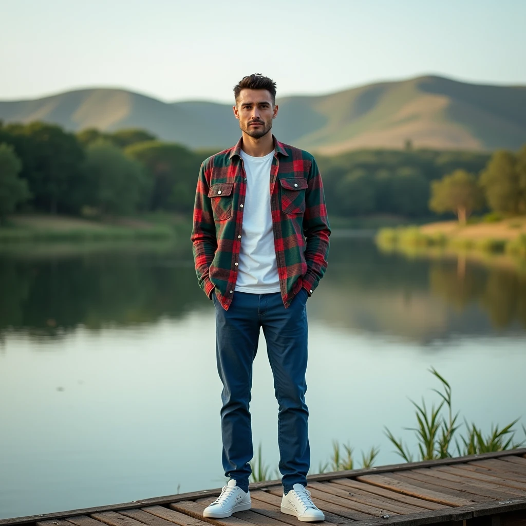 A white man, aged 36, model type, with short dark hair, with clear eyes, wearing a white shirt underneath a green and red plaid shirt, blue pants, tennis, on top of a pier on a lake in Alentejo