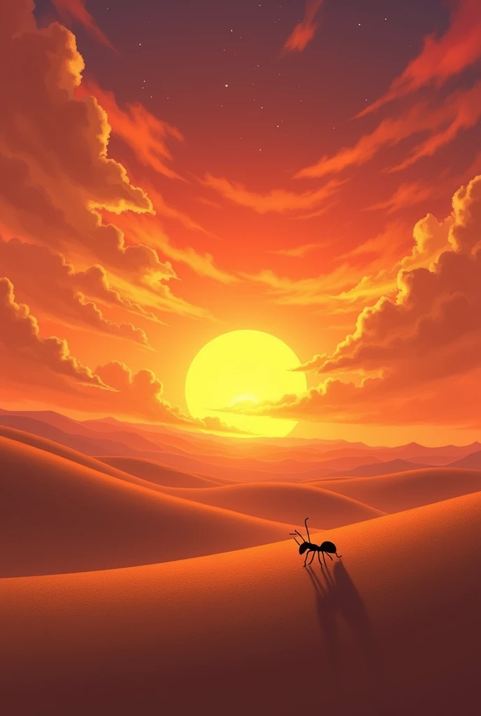 A beautiful , gorgeous sunset , orange and red colour is full of the sky , one ant, sand