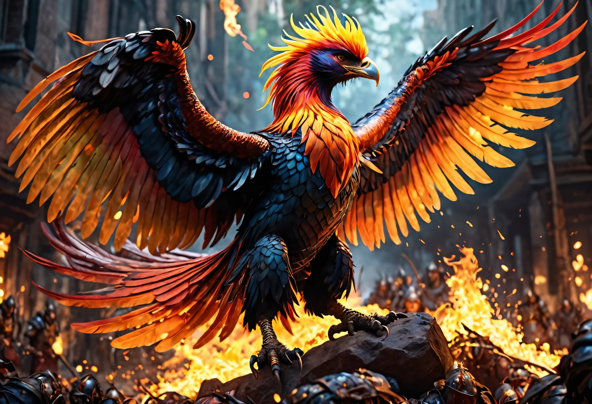 A magnificent phoenix, flaming feathers, exquisite long flaming tail feathers, phoenix breathing fire, orc war band, scrap armor, riding wargs, (best quality,4k,8k,highres,masterpiece:1.2),ultra-detailed,(realistic,photorealistic,photo-realistic:1.37),HDR,UHD,studio lighting,ultra-fine painting,sharp focus,physically-based rendering,extreme detail description,professional,vivid colors,bokeh,fantasy,epic,dramatic lighting,cinematic
