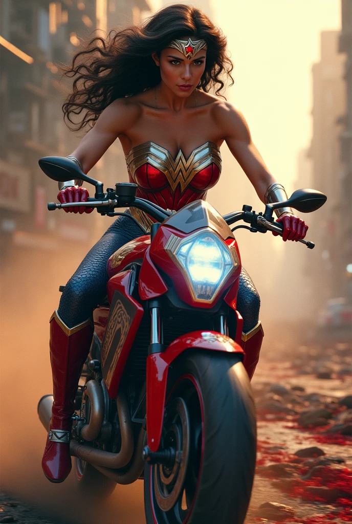 A beautiful woman Adriana Lima under the mantle of the Amazon warrior Wonder Woman red corset and navy blue pants with scales diaema in silver metal with a red star on her forehead long red boots up to her knees is a beautiful woman (((((He&#39;s on a futuristic high-powered red and blue motorcycle with Wonder Woman emblems.))))) through the streets of an apocalyptic and bloody city images from the side