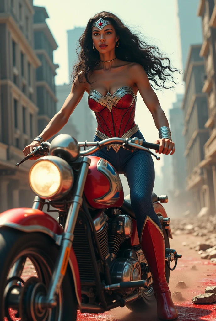 A beautiful woman Adriana Lima under the mantle of the Amazon warrior Wonder Woman red corset and navy blue pants with scales diaema in silver metal with a red star on her forehead long red boots up to her knees is a beautiful woman (((((He's on a futuristic high-powered red and blue motorcycle with Wonder Woman emblems.))))) through the streets of an apocalyptic and bloody city images from the side
