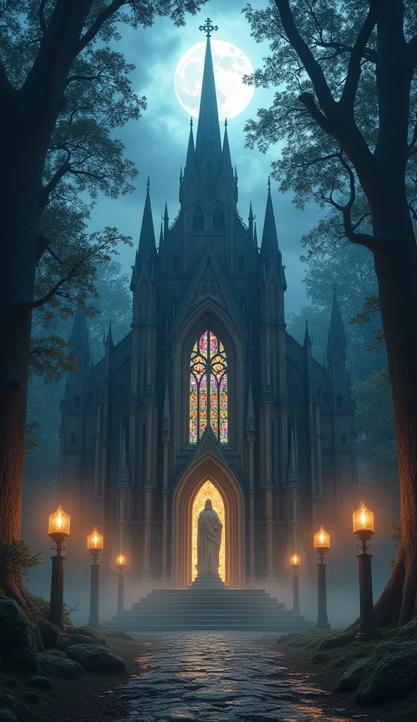 In the heart of a moonlit forest, hidden among ancient, towering trees, stands a majestic gothic temple. The temple is constructed from dark stone, its high arches and spires reaching towards the night sky. The intricate architecture features ornate carvings of mythical creatures and celestial symbols, illuminated by the soft, silvery light of the moon.
The entrance of the temple is framed by grand, arched doors made of heavy oak, adorned with ironwork and glowing with a faint, otherworldly light that filters through stained glass windows. These windows depict scenes of divine beings and celestial events, their colors casting a mystical glow on the surrounding forest floor.
The temple's surroundings are shrouded in a dense mist that clings to the ground, adding an ethereal quality to the scene. Flickering torches line the pathway leading up to the temple, their flames dancing in the cool night breeze and casting long shadows among the ancient trees. The forest is alive with the sounds of nocturnal creatures, their calls echoing softly through the dense foliage.
At the center of the temple’s main chamber, on an elevated altar, stands a magnificent statue of the deity it is dedicated to. The statue, crafted from marble or polished stone, depicts a regal figure with an aura of serenity and power. The deity's features are finely detailed, and their posture exudes a sense of divine authority and protection. The statue is bathed in a soft, magical light that seems to emanate from the temple itself, enhancing its otherworldly presence.
The scene is tranquil yet awe-inspiring, with the dark forest and the illuminated temple creating a striking contrast that emphasizes the sacredness and mystery of the place. The night’s serenity and the temple’s grandeur blend harmoniously, reflecting the deep reverence and spiritual significance of the site.