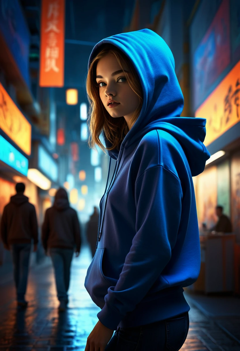 (A girl in hitech I.T room) starring at the monitor where an image of a (young man wearing hoodie walking in a busy street)emerge from it, iconic stance, dramatic shadows, dramatic lights, interlacing elements, front view, fantasy art, two tones, digital manipulated photo art, hyper-realistic, ultra-detailed, crisp clarity, high-contrast, luminous ambiance, rich textures, intricate patterns, vivid colors, cinematic lighting, photo realistic, accurate anatomical proportions, cinematic blurry background. 