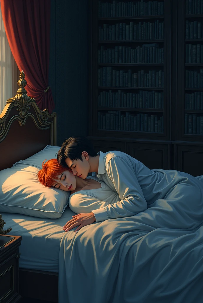 two men sleeping in bed. Yeonjun has bright orange hair and Christopher has inky black hair. The room is old, royal, it is dark and there are many books on the shelves. side and profile view.