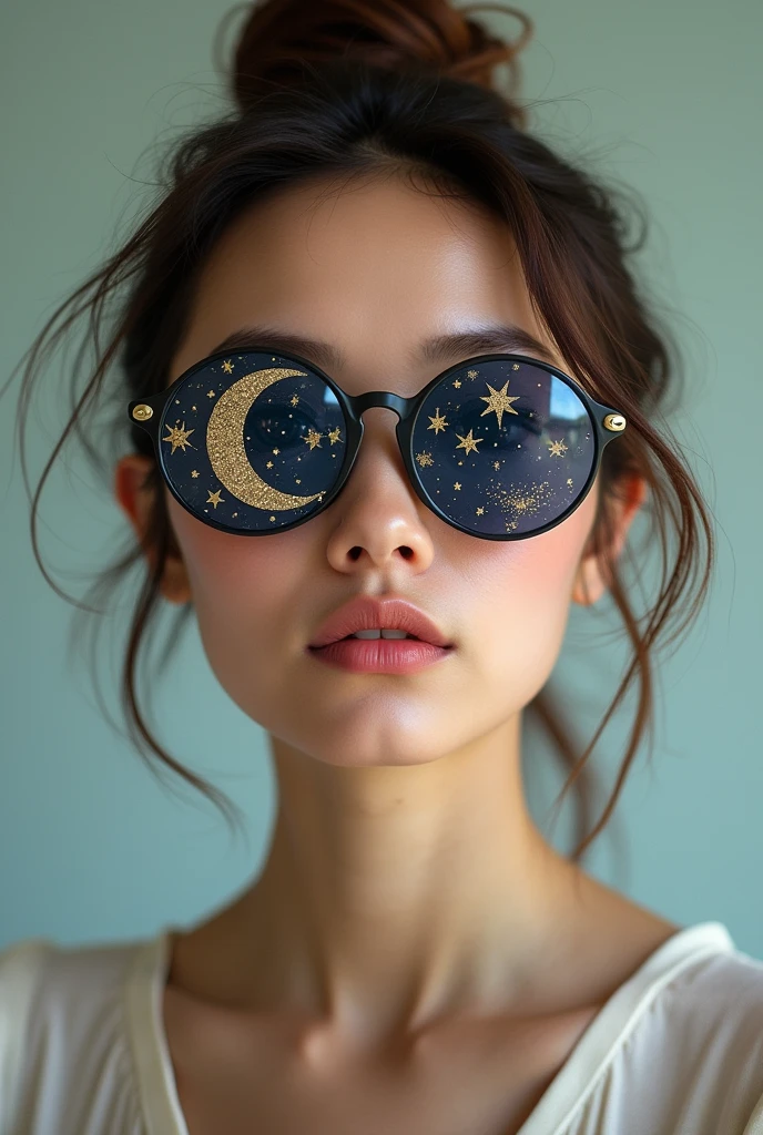 The model is wearing glass sunglasses with stars and the moon on the glass