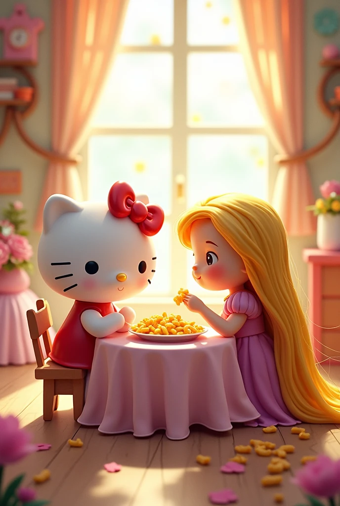 hello kitty e rapunzel comendo mac n cheese
