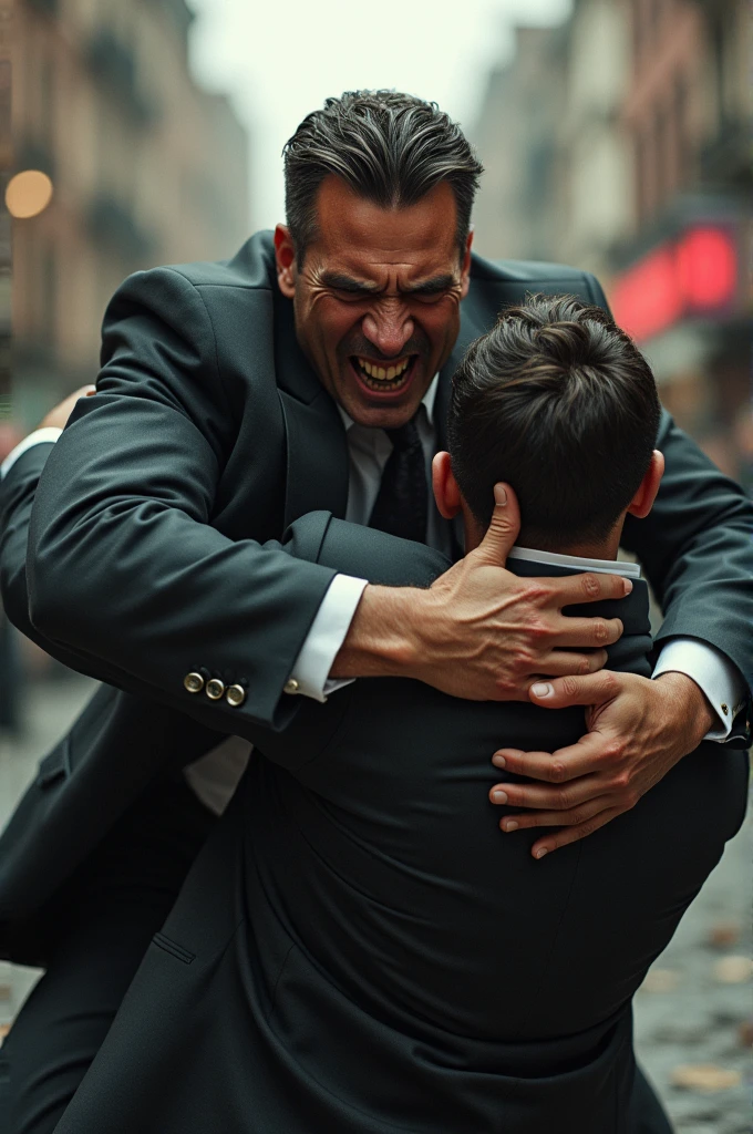 Man in a suit mount and pummeled the other guy down to the ground with his fist and keep punching