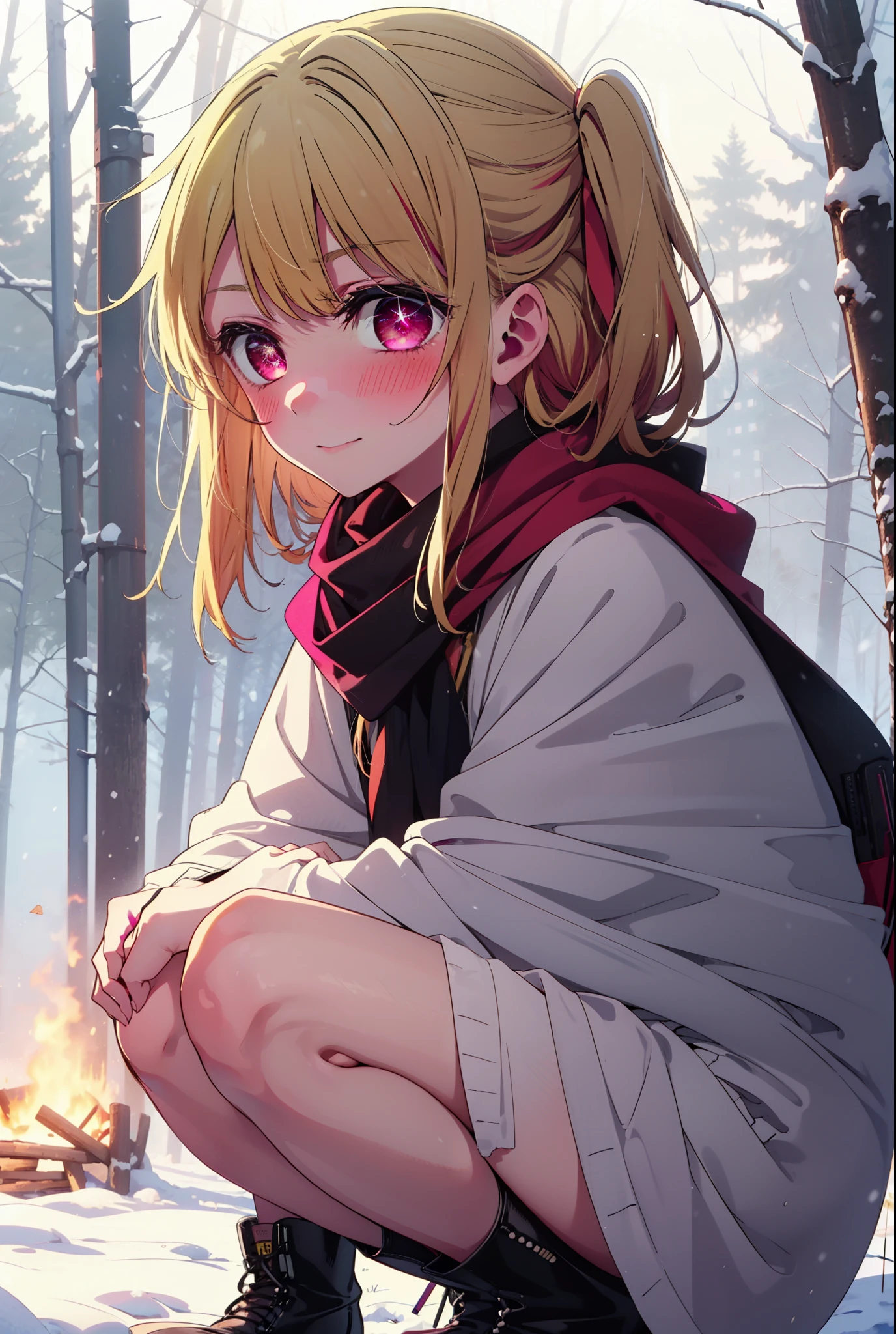 rubyhoshino, Hoshino Ruby, Long Hair, bangs, blonde, (Pink Eyes:1.3), Side Lock, (Symbol-shaped pupil:1.5), Multicolored Hair, Two-tone hair, smile,,smile,blush,white breath,
Open your mouth,snow,Ground bonfire, Outdoor, boots, snowing, From the side, wood, suitcase, Cape, Blurred, , forest, White handbag, nature, Squat, Mouth closed, Cape, winter, Written boundary depth, Black shoes, red Cape break looking at viewer, Upper Body, whole body, break Outdoor, forest, nature, break (masterpiece:1.2), Highest quality, High resolution, unity 8k wallpaper, (shape:0.8), (Beautiful and beautiful eyes:1.6), Highly detailed face, Perfect lighting, Extremely detailed CG, (Perfect hands, Perfect Anatomy),