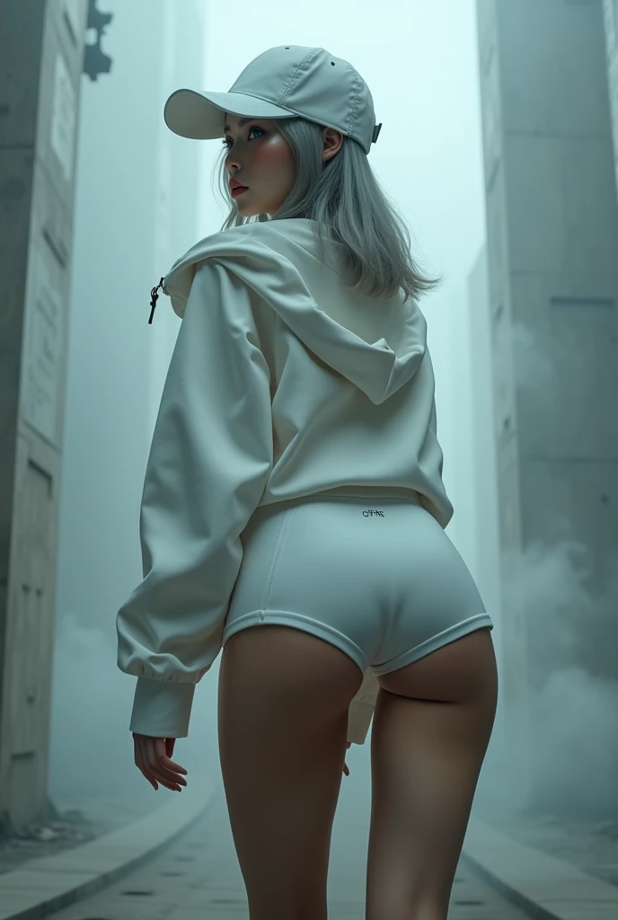 nsfw, masterpiece, Best Quality, hyper Realistic, A mysterious and sophisticated beautiful young gravure Japanese woman with blue eyes wears futuristic and sexy fashion art. sitting focus ass,, from below, Detailed clothing butt, woman is climbing at a wide angle, with her full body in frame. large Butt, sexy large breasts, slim waist, Cyber punk fashion, Her outfit includes white over sized nylon hoodie sweat, nothing shorts, adding a minimalist beauty. She accessorizes with futuristic accessories and technical sneakers. Deeply covered white baseball cap, Her demeanor exudes harmony and striking simplicity, accentuating her curves and digging sensuously into her skin, hyper small head and face, wide and big Duck mouth, half open mouth, perfectly aligned teeth, perfect beautiful wide teeth, Detailed eyes, light blue eyes, half open eyes, shiny Droopy eyes, gray hair, looking other, She is situated within the interior of a futuristic colony, with mist drifting and steam rising from concrete