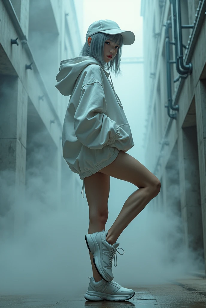 nsfw, masterpiece, Best Quality, hyper Realistic, A mysterious and sophisticated beautiful young gravure Japanese woman with blue eyes wears futuristic and sexy fashion art. sitting focus ass,, from below, Detailed clothing butt, woman is climbing at a wide angle, with her full body in frame. large Butt, sexy large breasts, slim waist, Cyber punk fashion, Her outfit includes white over sized nylon hoodie sweat, nothing shorts, adding a minimalist beauty. She accessorizes with futuristic accessories and technical sneakers. Deeply covered white baseball cap, Her demeanor exudes harmony and striking simplicity, accentuating her curves and digging sensuously into her skin, hyper small head and face, wide and big Duck mouth, half open mouth, perfectly aligned teeth, perfect beautiful wide teeth, Detailed eyes, light blue eyes, half open eyes, shiny Droopy eyes, gray hair, looking other, She is situated within the interior of a futuristic colony, with mist drifting and steam rising from concrete