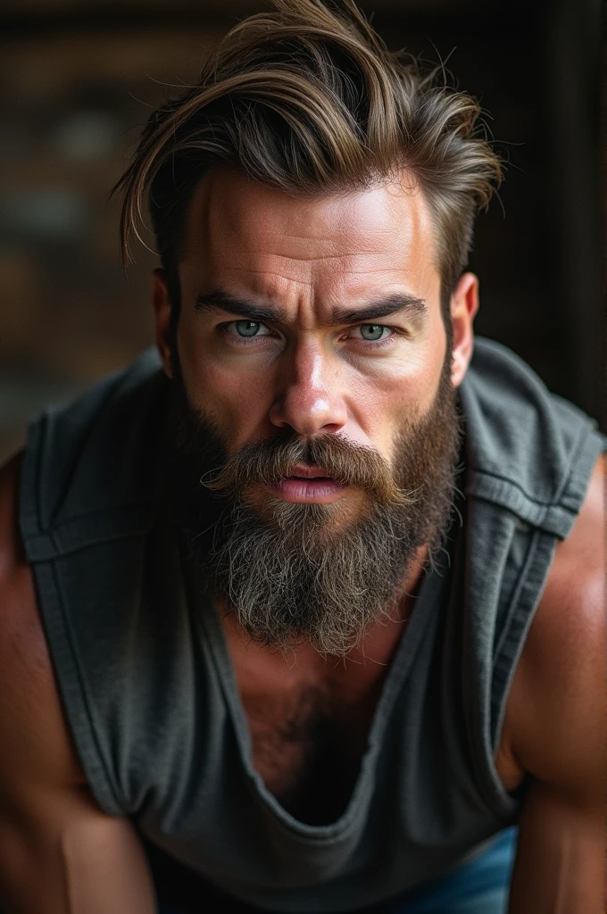 He is a handsome man in a macho way., with a rough and rustic appearance, very loud and strong, with a thick beard.