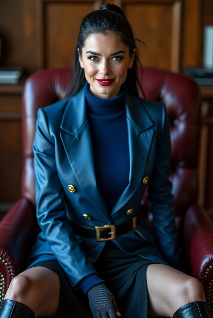 photo of  a soaked and sweaty completly clothed  prime minister of parliament woman with a  sensual smile sitting on a office leather chair on  her desk  legs crossed ,waitin for the man she loves , monica bellucci at 3 , ((incredibly clear blue eyes )) ((  with the camera)) (( lookin at the camera with  )) (( red lipstick))  (( Monica is dressed with a blue leather tellier double breasted jacket blue turtleneck sweater , and a black long maxi-skirt(black long maxi-skirt:1.2 )) (( black soft stiletto Leather boots )) (( black ponytail hair)) (( she is wearing his favorite vintage grey silk gloves )) ( (( the photo is from up front )) ((  wide and touching her ))