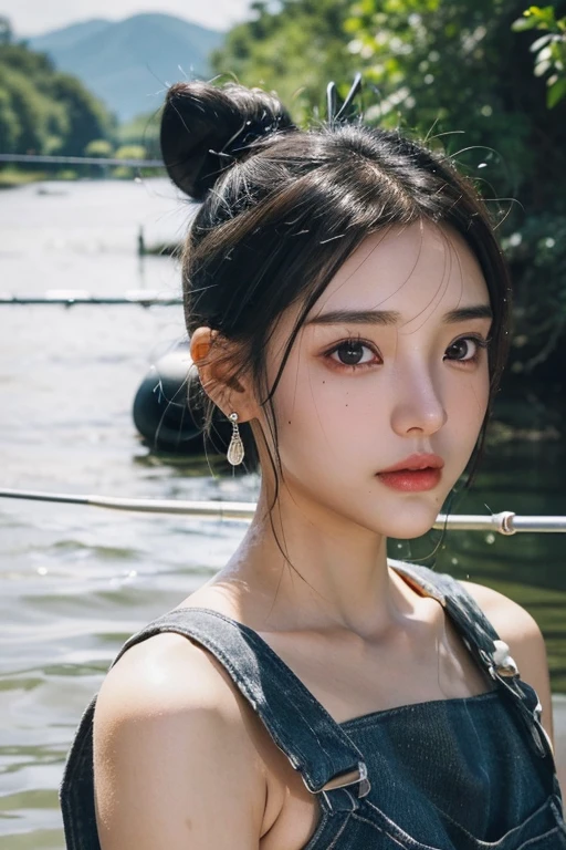 (2 pure Japanese girl,), (Small breasts:1.5,),(Mole on left side of neck:1.5),(solo,,Textured skin, Detailed skin,Detailed face,Detailed eyes,detailed posing,Natural eyebrows,Sparkling Eyes,High detail, Highest quality, Super detailed, Surrealism, ,8k,RAW Photos,Photographicism,Professional Lighting,Ray Tracing,Portrait Photography,Natural Light),(((Black Hair, Natural Makeup,Simple earrings, Bun Hair,Overalls))),(have a fishing rod:1.5),(Fishing in the river:1.3)
