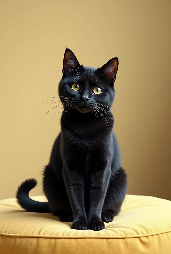 A black cat with tabby stripes.Sitting on the light yellow cushion in a very relaxed but still curious posture.His tail curls naturally.look ahead..