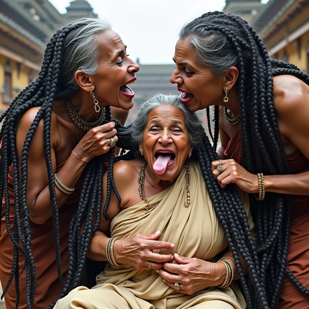In india naga temple,total 3 india eldery ladies involving and licking their hairs of each others wildly,First 60 years old eldery indian lady kneeled with her oil smeared conrowed braided hair wears saree with out blouse,Second 60 years old lady from behind to kneeled lady with her oil smeared conrow braided hair wildy raping kneeled lady' head scalp with her tongue wearing wrap saree revealing her upper saggy breast exposed, Third 60 years old eldery with her cean scalp super conrow braided hair raping kneeled lady' scalp exposing one single breast revealing ,these three ladies are with dress in as per detsiled prompt here,all four of them,with their hairs respectively colors for the marure ladies and eldery lady hairs in as per image prompt,their long,meticulaiursly suler conrowed braided hairs shining ,red lipsstick,natural tongues pulled out,licking the eldery lady' hair by  other eldery with conrowed hairs like she is being raped excat in image,These all three ladies' faces are with showing full of sexual wildness showing out from their faces exact as in image prompt,Their eyes are fullfill with sexual wildness with raping scalp as per the imahe prompt,(Show me their tongues,long tongues:1.0) styled with 100000 liters hair oil,hairs like viscus oiled pulp,slick combed hair lines highly visible,{{{{Ladies wears perfect dresses in perfectt busty}}}},{{{{{NSFW}}}}},{{{{{{Hairs highly soaked}}}}}},{{{Hairs Drenched in water}}}}},{{{slick combed hair lines}}}},{{{{Hairlines reflecting shinning like mirrors with water}},{{{{{Showcase full bodies perfect figures}}}}},{{{{{High resolution perfecr color grading}}}}}},{{{Perfect conrowed on all three ladies exactly in image prompt}}}}}}},((((((Generate ethnicity as indian sexy build ladies))))))),((((((Generate wildness poses where shows the wildness maturity of the sexually wildness and extremly extremly wildness in to hair licking by their tongues exatly as image prompt if someone sees this should get errected)))),