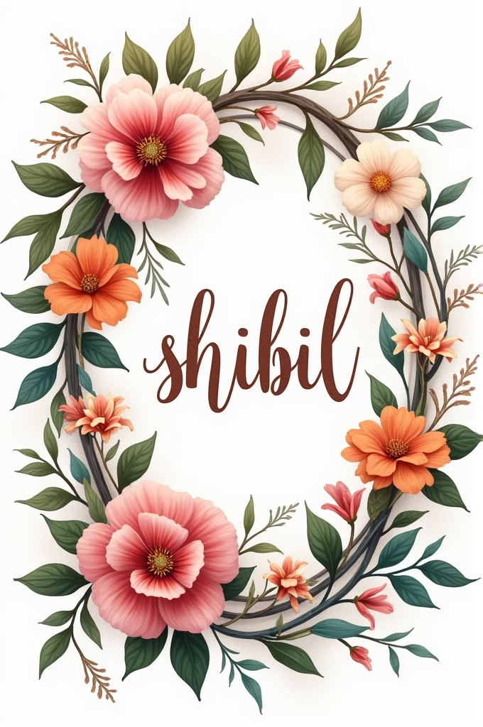 A floral design on the name "shibil" that is surrounded by flowers and leaves