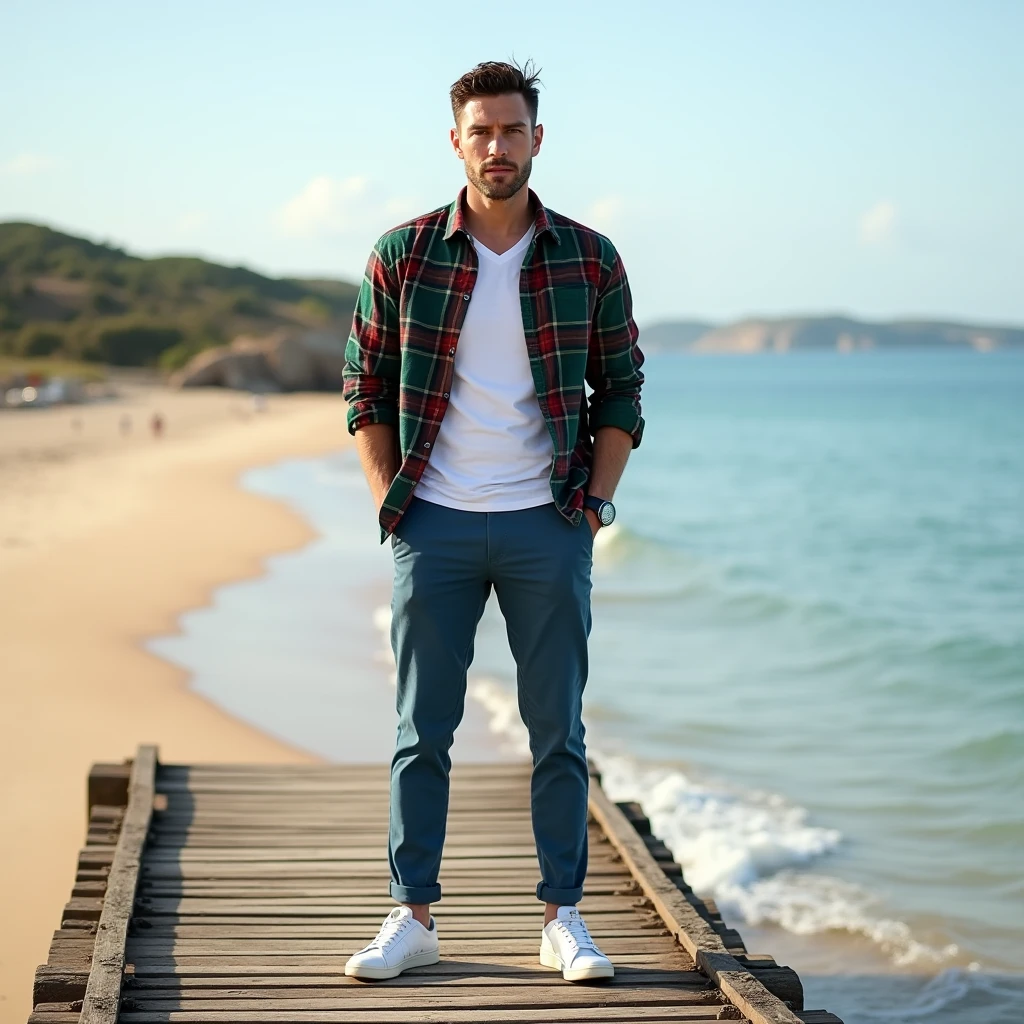 A white man, aged 36, model type, with short dark hair, with clear eyes, wearing a white shirt underneath a green and red plaid shirt, blue pants, tennis, on top of a pier on a beach in Alentejo