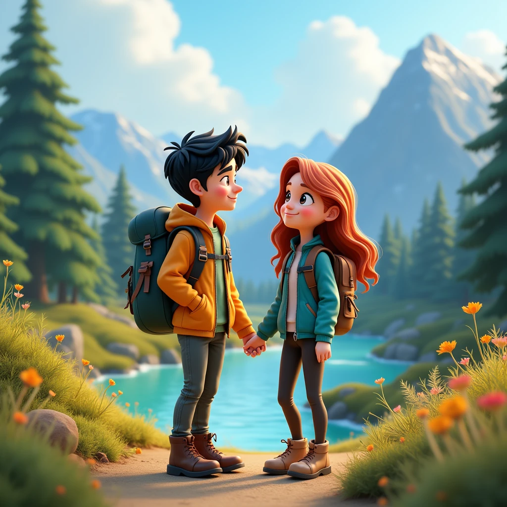 couple in outdoor, black hair male, blonde hair female, jacket and backpack, nature theme, 3d cartoon, fantasy art, a text written BRE & NDA, masterpiece, high definition, extreme detail, cinematic lighting, 4K