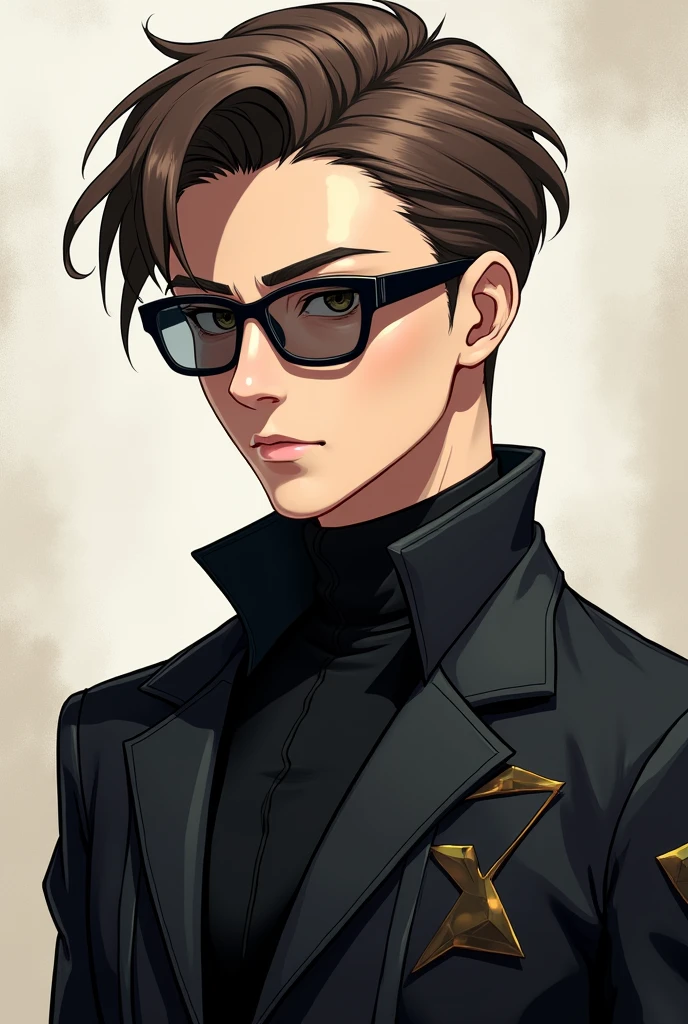 Man with brown hair, black square glasses black anime style clothing