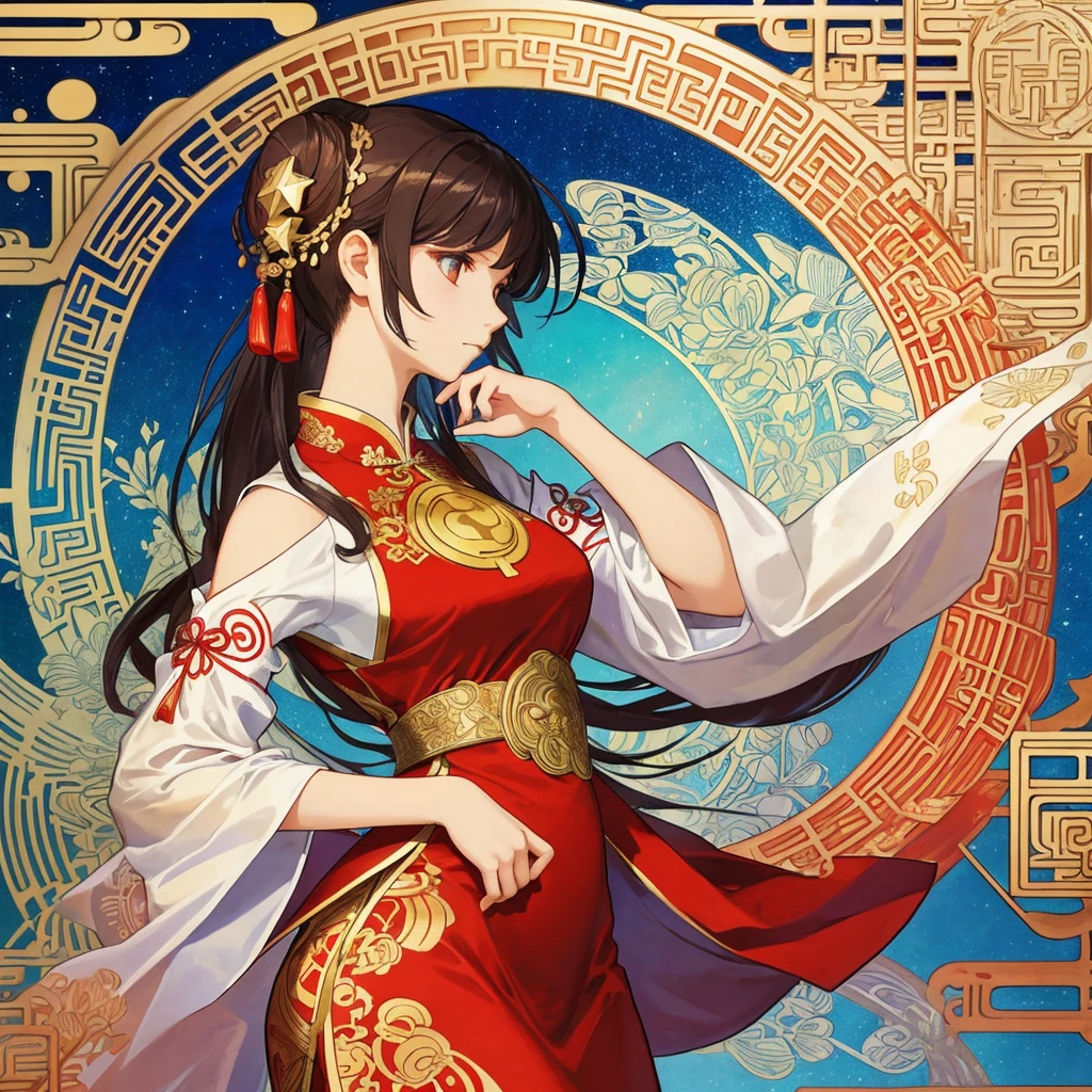 1 girl, (masterpiece, highest quality, highest quality, beautiful and aesthetic: 1.2), (1 girl: 1.3), lots jewelry, square picture frame, ((face)), cool face, color hairstyle, Ultra-detailed, Soft Light, Gentle colors, solo, dynamic, (((geometric star patterns in the background))), profile,低めのポニーテール, bun hair, Alphonse Mucha's ,Traditional chinese red dress, delicate chinese style clothing,