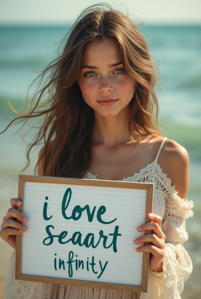 Beautiful girl with wavy long hair, bohemian dress, holding a white board with text "I Love Seaart Infinity" and showing it to the viewer
