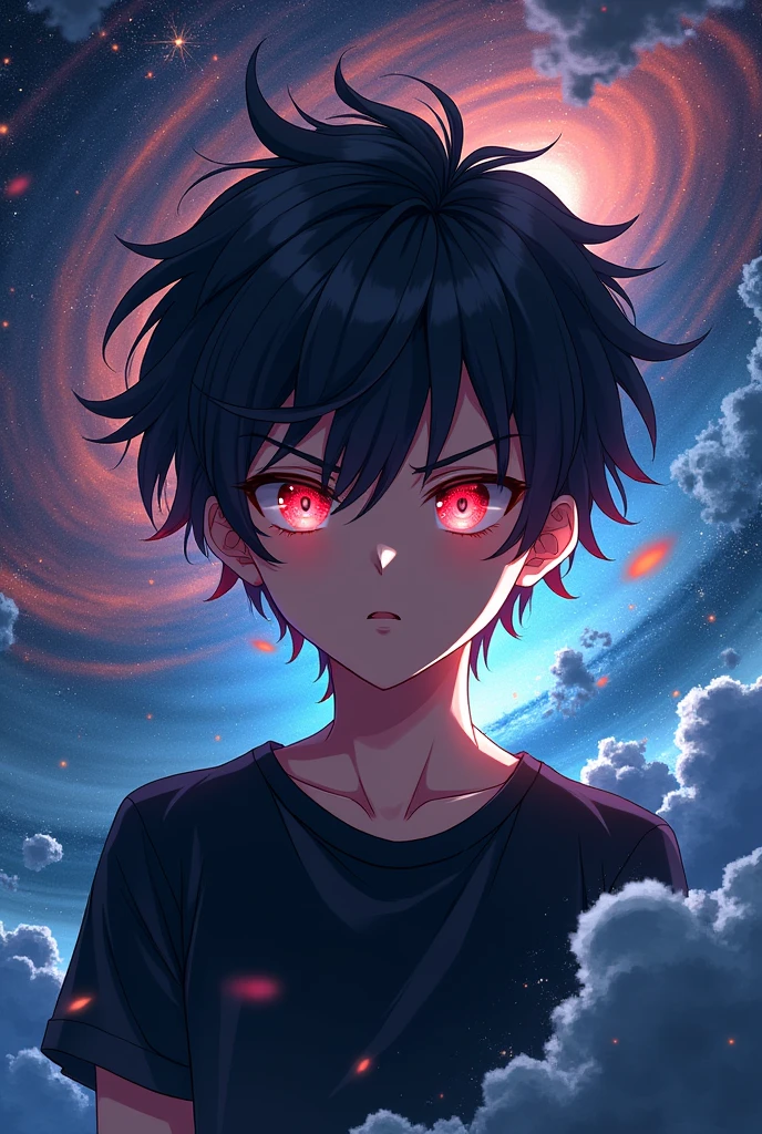 Anime boy with black curly hair surrounded by the galaxy with red eyes in 2d wearing a black t-shirt