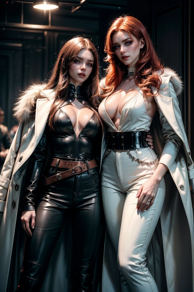 [cowboy shot], a beautiful young woman with long red hair, detailed facial features, ((wearing high quality high waist black leather pants, a formal white top with cleavage, a white fur coat on shoulders, waist belt)), surrounded by excited fangirls, (best quality,4k,8k,highres,masterpiece:1.2),ultra-detailed,(realistic,photorealistic,photo-realistic:1.37),high fashion,editorial,dramatic lighting,cinematic,vivid colors,intricate details, glamorous