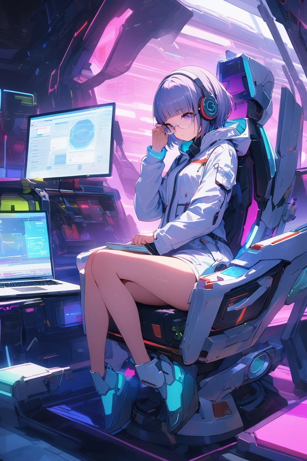 (extremely detailed fine touch:1.3), Vibrant colors, Soft tones, With warm and gentle lighting, girl, solo, (((silver semi-rimless eyewear:1.3))), (headphone:1.0), short hair, blunt bangs, full body, sitting Futuristic floating chair, Laptop resting on thigh, monitor arm, Faithfully recreates the gesture of putting on glasses, Futuristic, Futuristic White coat, Science Fiction, Science Fiction Laboratory, Various research machines, Futuristic Under Research