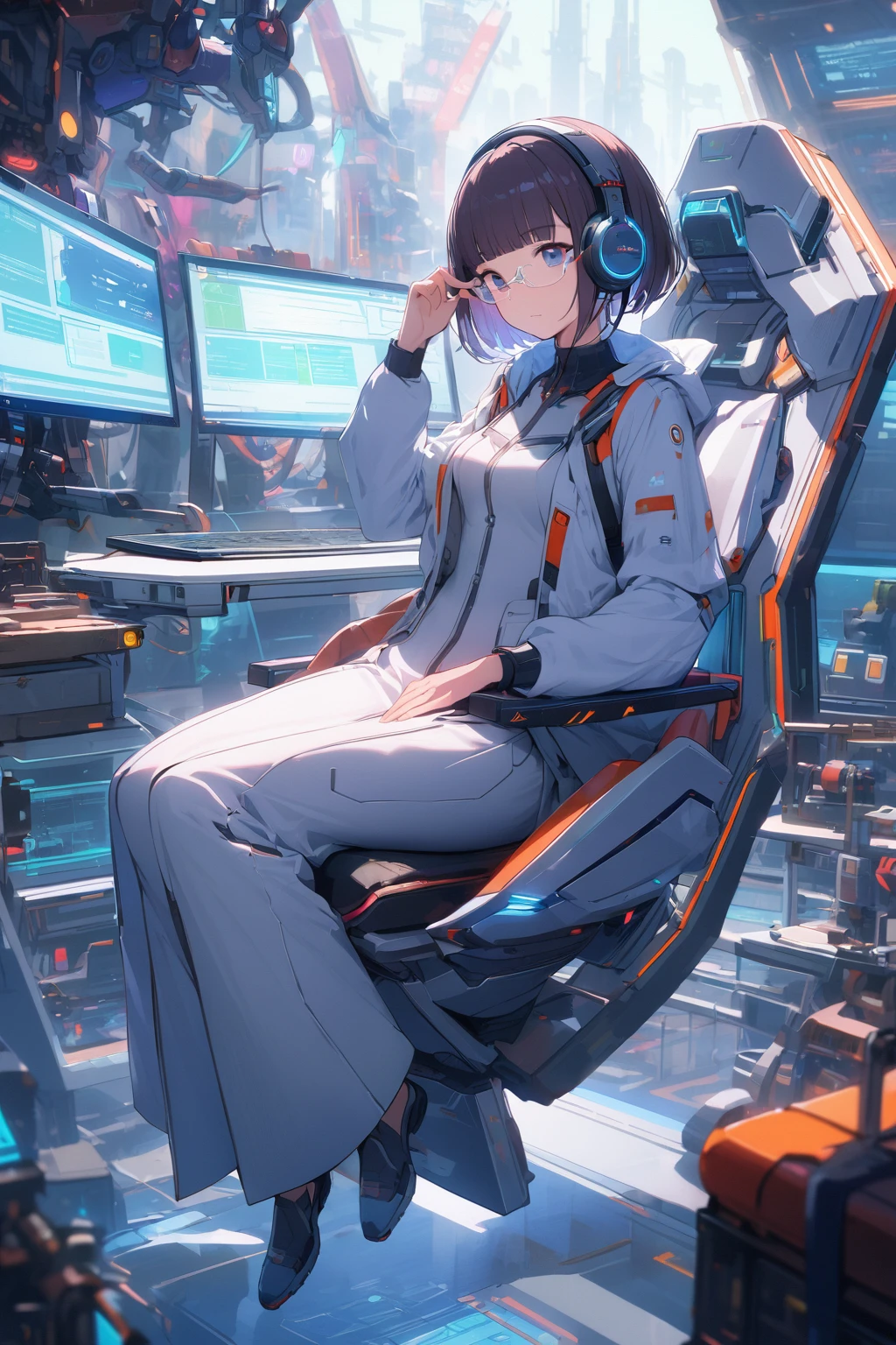 (extremely detailed fine touch:1.3), Vibrant colors, Soft tones, With warm and gentle lighting, girl, solo, (((silver semi-rimless eyewear:1.3))), (headphone:1.0), short hair, blunt bangs, full body, sitting Futuristic floating chair, Laptop resting on thigh, monitor arm, Faithfully recreates the gesture of putting on glasses, Futuristic, Futuristic White coat, Science Fiction, Science Fiction Laboratory, Various research machines, Futuristic Under Research