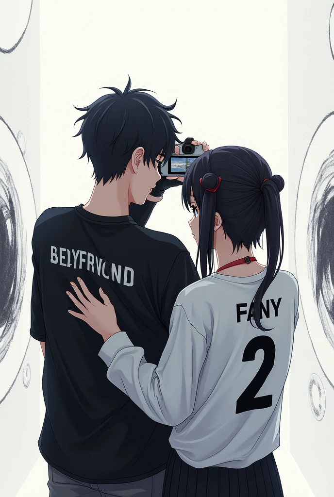 Better quality photography ((masterpiece))
A 19-year-old woman takes a photo with her phone of her 1 boyfriend from behind, On the boy's back is the name Fany and the number 2, the boy has black gloves, the background is white with black Anime drawings