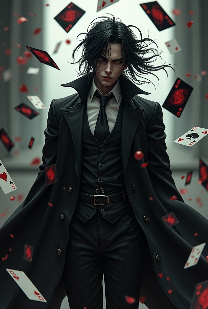 yuji1 a man, uses cards as a weapon like tulbacaim from hellsing, must give the impression of a villain, the cards must surround him