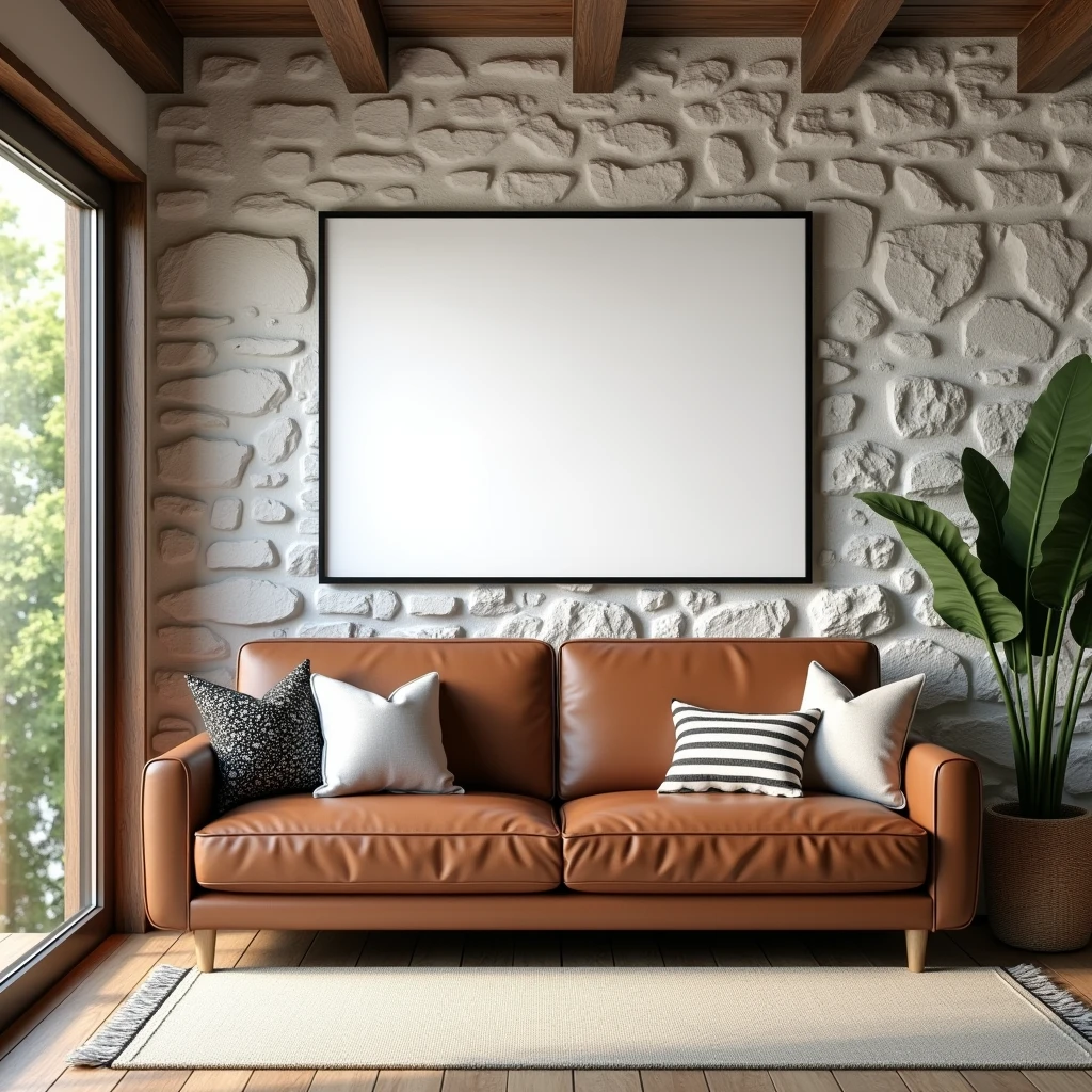 A cozy living room with rustic charm, featuring a stone-textured wall and exposed wooden beams. In the center, a brown leather sofa with black and white patterned pillows sits on a light-colored rug. Above the sofa, a large rectangular canvas with a blank white background is framed in black and hangs prominently on the wall. The room is filled with natural light from a nearby window with a view of green foliage outside. A woven basket with a potted plant is placed by the window, adding a touch of greenery to the space