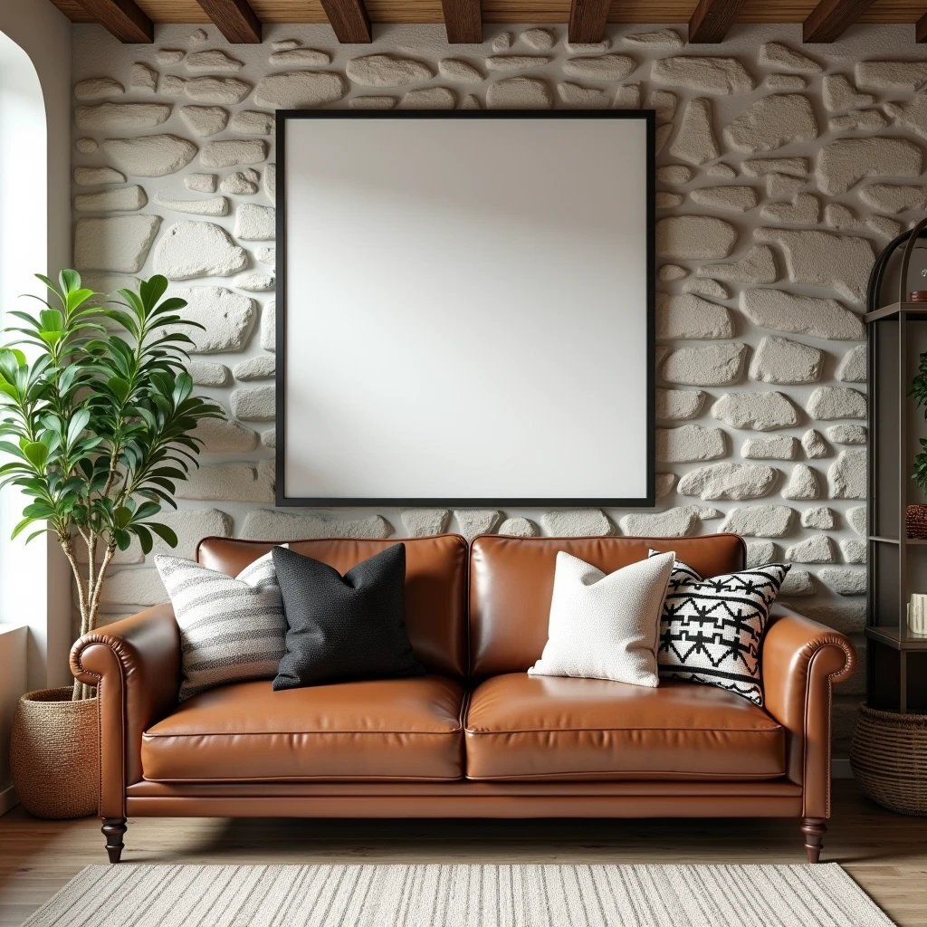 A cozy living room with rustic charm, featuring a stone-textured wall and exposed wooden beams. In the center, a brown leather sofa with black and white patterned pillows sits on a light-colored rug. Above the sofa, a large rectangular canvas with a blank white background is framed in black and hangs prominently on the wall. The room is filled with natural light from a nearby window with a view of green foliage outside. A woven basket with a potted plant is placed by the window, adding a touch of greenery to the space