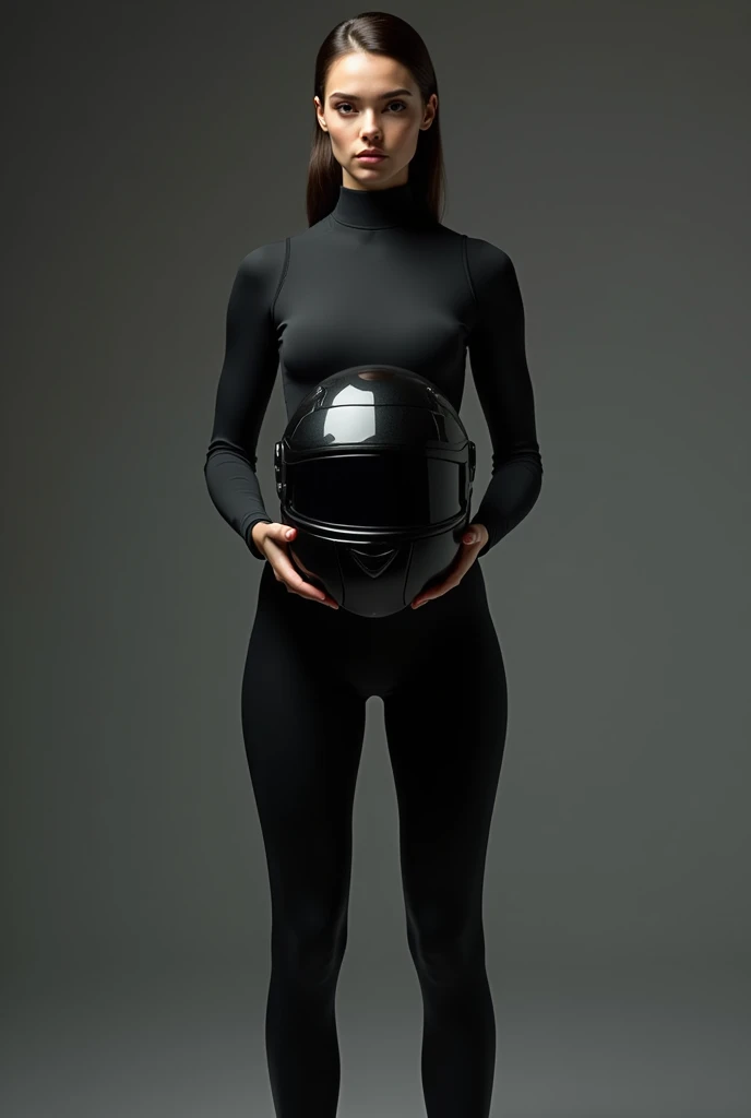 image, which symbolizes risk, to fulfill her dream of becoming an actress a girl in a black tight jumpsuit with a sexy figure with a racing black helmet in her hands